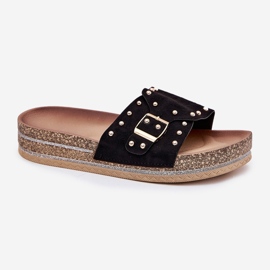 Zapatillas para mujeres en la plataforma con una hebilla y sementales negros 4