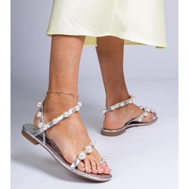 Sandalias de mujer plateadas decoradas con perlas plata 4