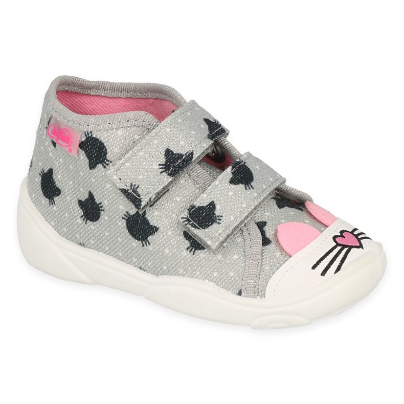 Pantuflas infantiles befado con velcro 212P078, gris con gatos negros 1