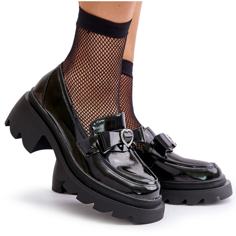 S.Barski Mocasines de cuero para mujeres con arco y corazón LZ42-032 Negro 5