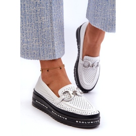S.Barski Cuero abiertamente mocasines para mujeres en la plataforma con un adorno de S. Barski LR750 White blanco 2