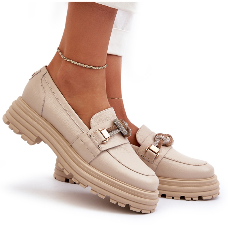 Mocasines de cuero para mujeres con un adorno Laura Messi 2780 Light Beige 6