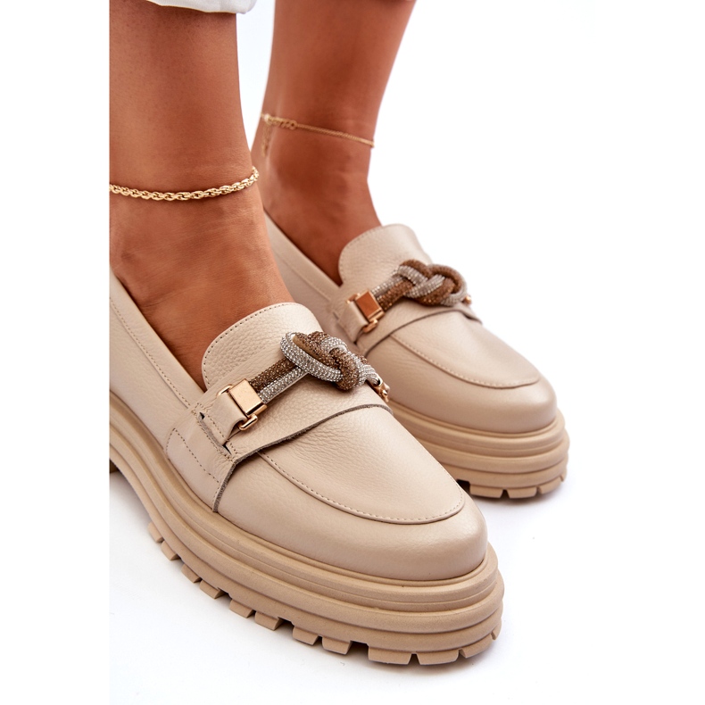 Mocasines de cuero para mujeres con un adorno Laura Messi 2780 Light Beige 3