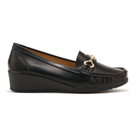Mocasines de mujer negros con cuña y decoración dorada. 3