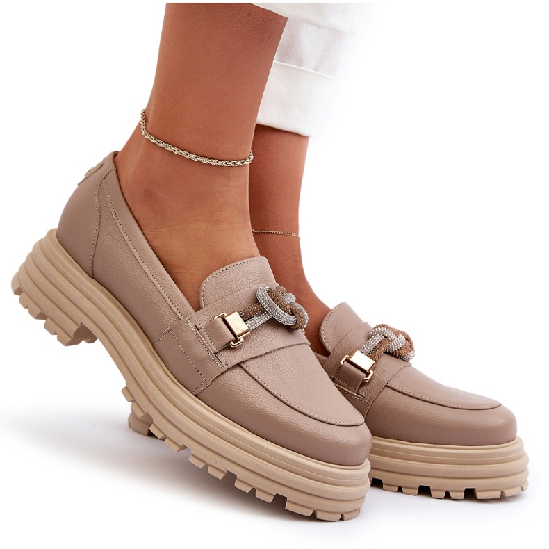 Mocasines de cuero para mujeres con un adorno de Laura Messi 2780 Dark Beige 4