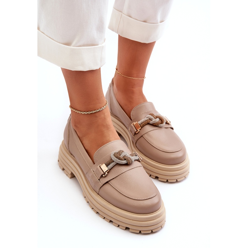 Mocasines de cuero para mujeres con un adorno de Laura Messi 2780 Dark Beige 3