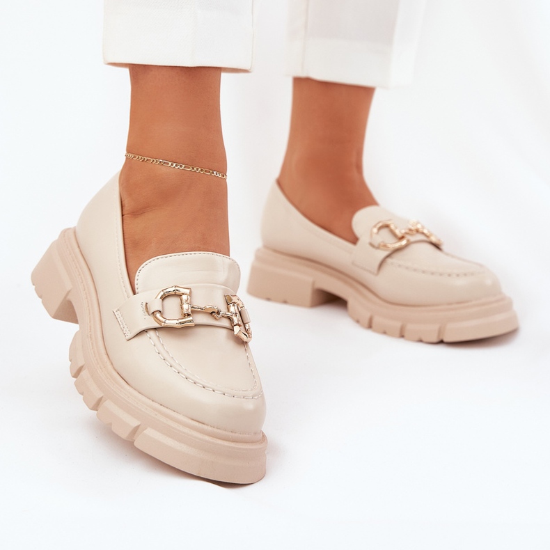 Mocasines de cuero ecológico para mujeres con detalle dorado BEIGE 2