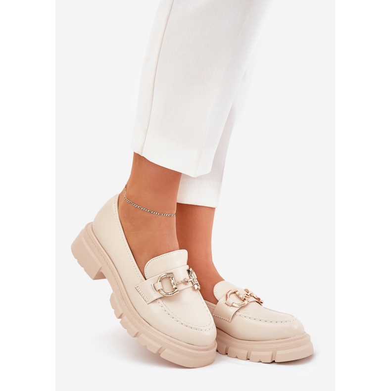 Mocasines de cuero ecológico para mujeres con detalle dorado BEIGE 1