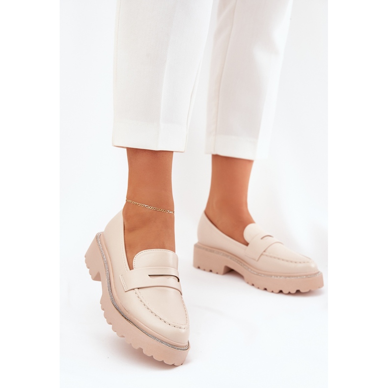 Mocasines de cuero ecológico para mujeres con circones beige 2