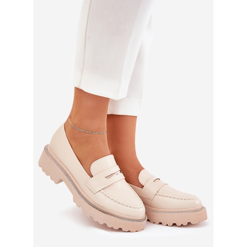 Mocasines de cuero ecológico para mujeres con circones beige 1