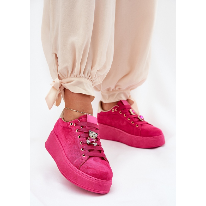 Zapatillas de deporte femeninas en la plataforma con osito de peluche fucsia rosado 2