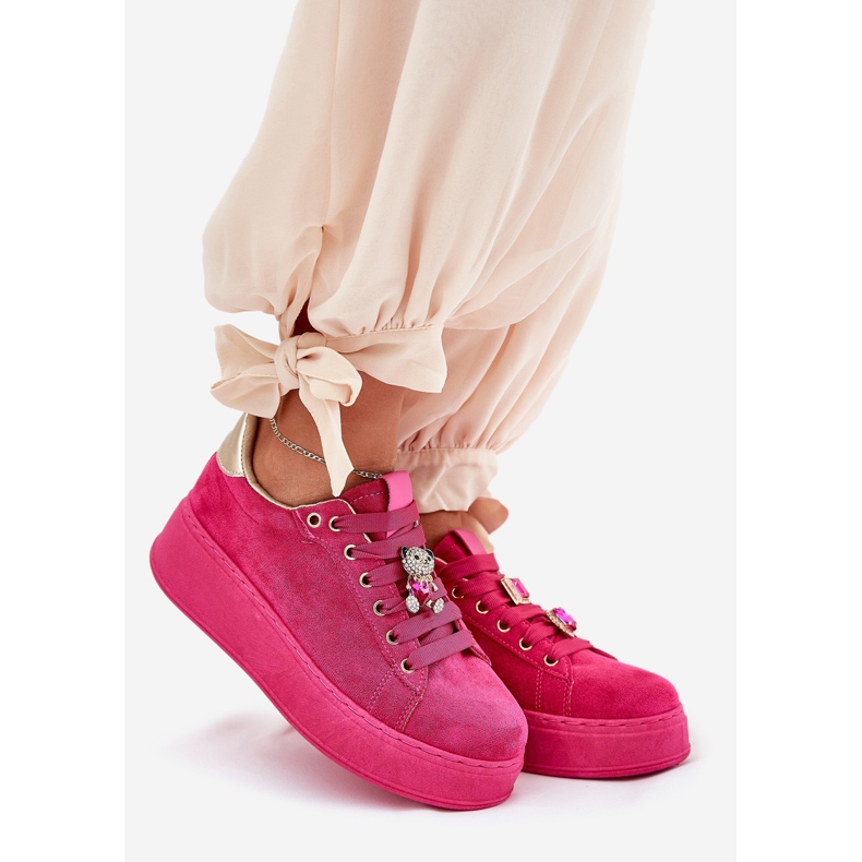 Zapatillas de deporte femeninas en la plataforma con osito de peluche fucsia rosado 1