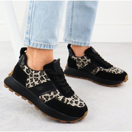 Zapatillas de deporte de cuero en la plataforma de leopardo negro Vinceza 66793 5