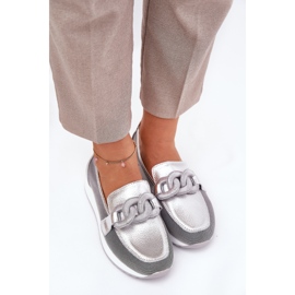 S.Barski Mocasines de cuero para mujeres con un adorno LR51-966 Plata 5