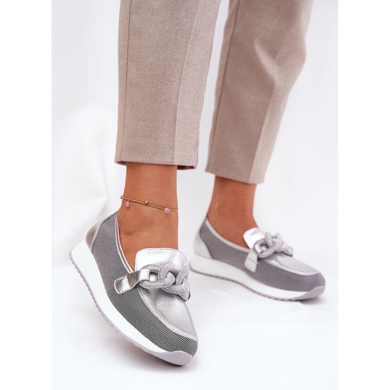 S.Barski Mocasines de cuero para mujeres con un adorno LR51-966 Plata 2