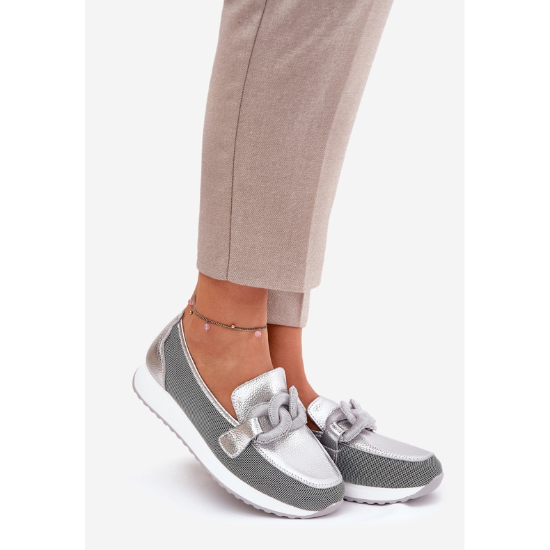 S.Barski Mocasines de cuero para mujeres con un adorno LR51-966 Plata 1