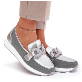 S.Barski Mocasines de cuero para mujeres con un adorno LR51-966 Plata 6
