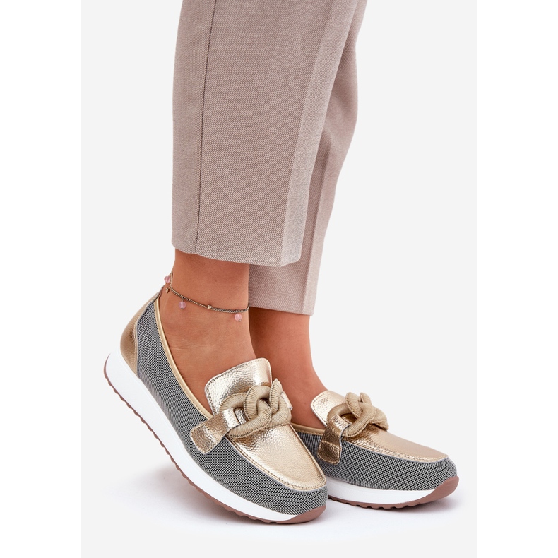 S.Barski Mocasines de cuero para mujeres con un adorno LR51-966 Oro dorado 1