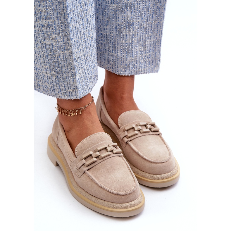 S.Barski Mocasines de cuero de tacón plano para mujeres con decoración TW101 beige ligero 3 S.Barski Mocasines de cuero de tacón plano para mujeres con decoración TW101 beige ligero 3