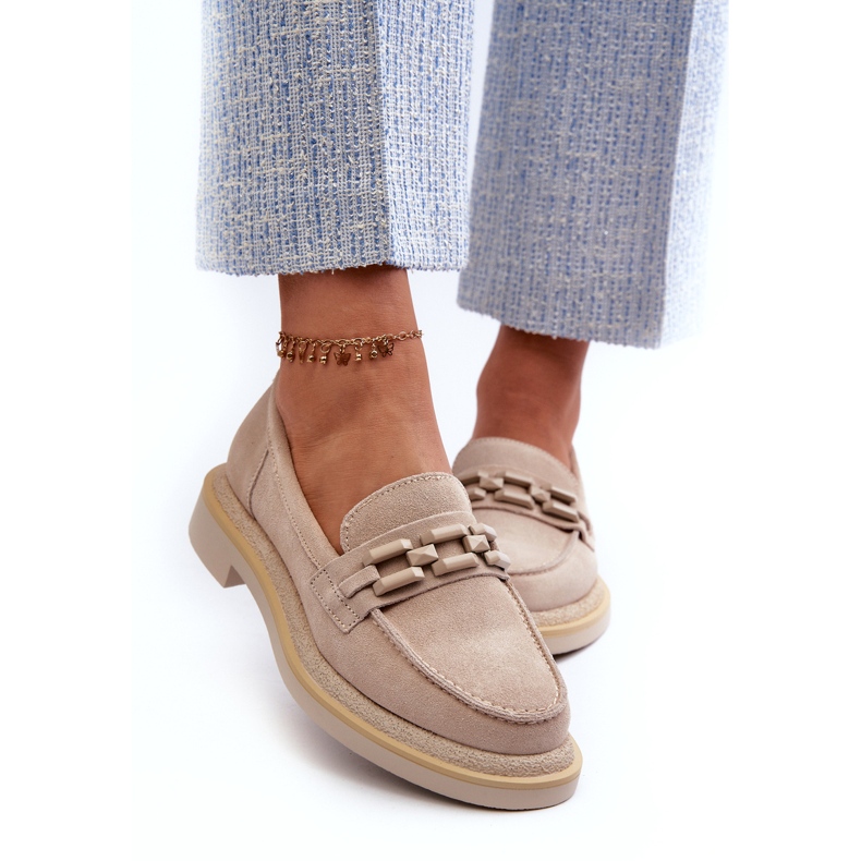 S.Barski Mocasines de cuero de tacón plano para mujeres con decoración TW101 beige ligero 2