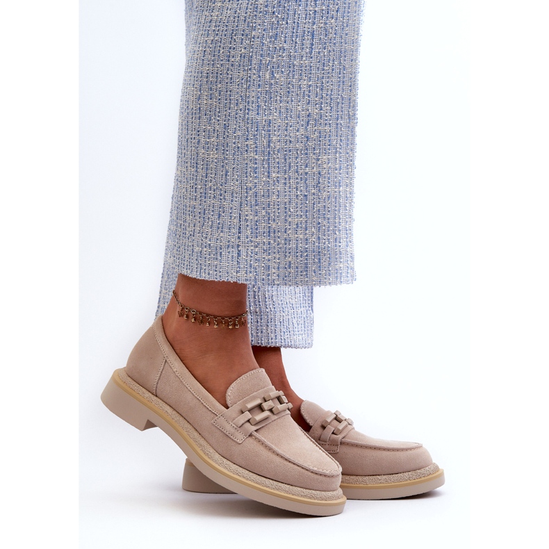 S.Barski Mocasines de cuero de tacón plano para mujeres con decoración TW101 beige ligero 1 S.Barski Mocasines de cuero de tacón plano para mujeres con decoración TW101 beige ligero 1