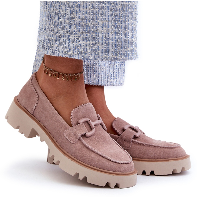 S.Barski Mocasines para mujeres de cuero de gamuza con decoración TW117 rosa 4