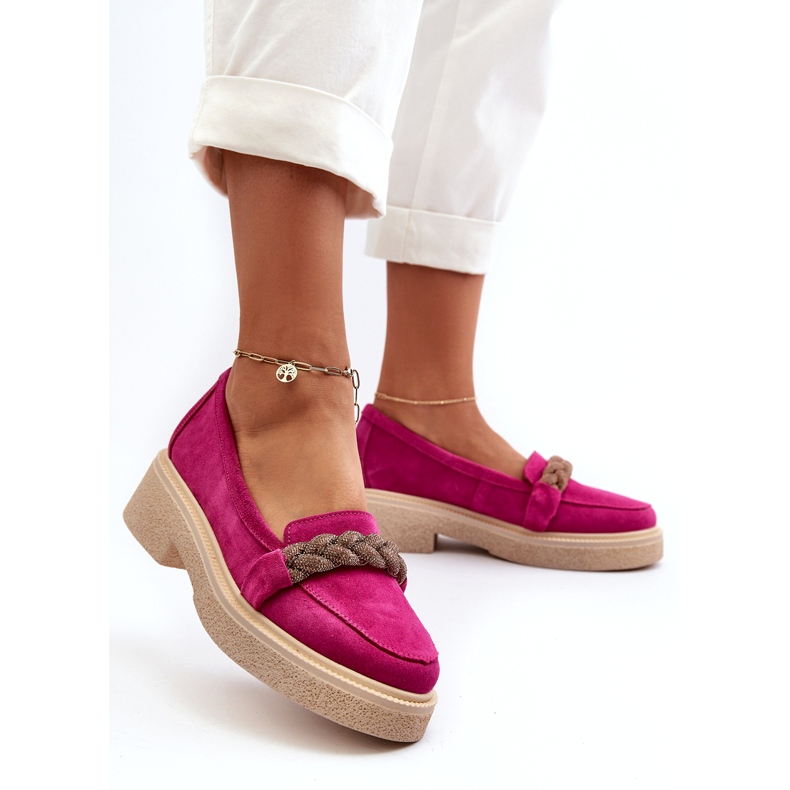 Zazoo 3429/W mocasines de cuero de gamuza para mujeres con un adorno de fucsia rosado 1