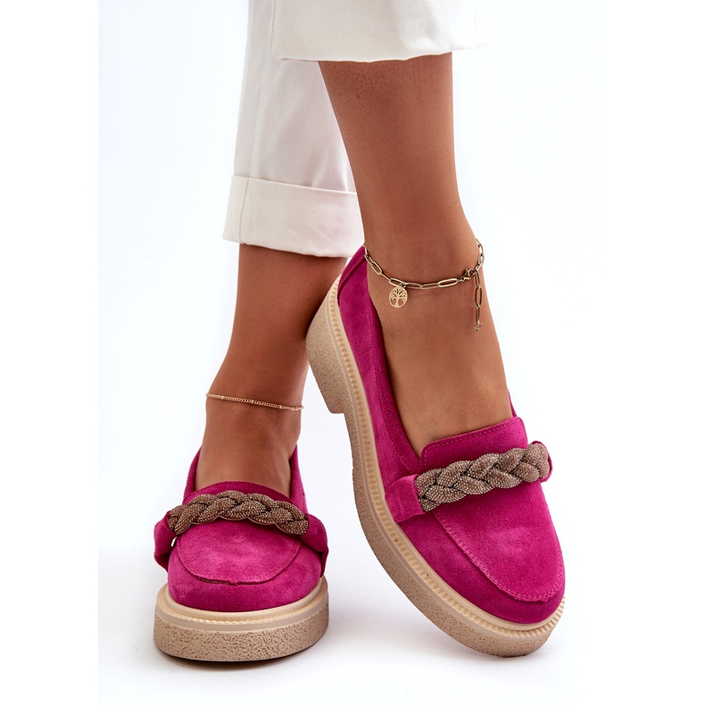 Zazoo 3429/W mocasines de cuero de gamuza para mujeres con un adorno de fucsia rosa 3