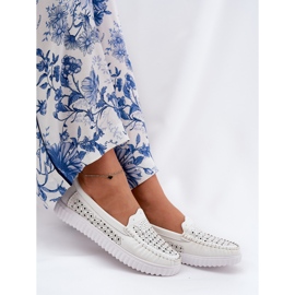 Vinceza Mocasines de cuero para mujeres con un patrón de trabajo abierto Vincez 88028 White blanco 5