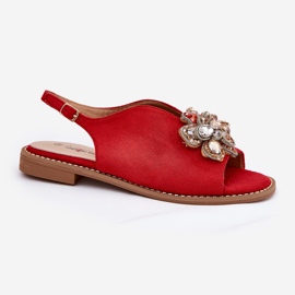 S.Barski Sandalias para mujeres de tacón plano con un adorno S. Barski KV27-001 rojo 4