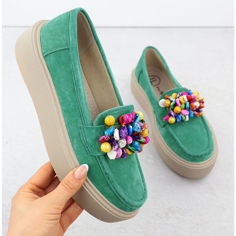 Mocasines de cuero en la plataforma con cuentas verdes Filippo DP6765 1