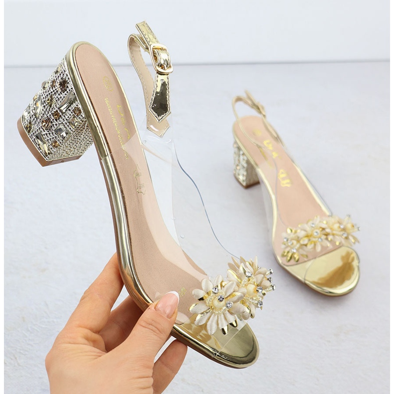 S.Barski Sandalias de mujeres transparentes en un puesto con circones Złote S. Barski MR51-725 dorado 1