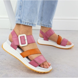 Sandalias de cuero para mujeres en Pink Rieker W2950-31 rosado 5
