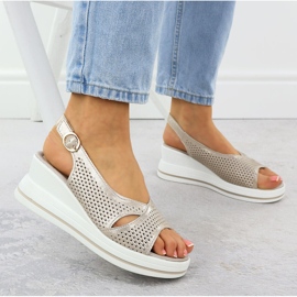 S.Barski Sandalias de cuero para mujeres abiertas en el Złote S. Barski LR51-660 Cuñas dorado 5