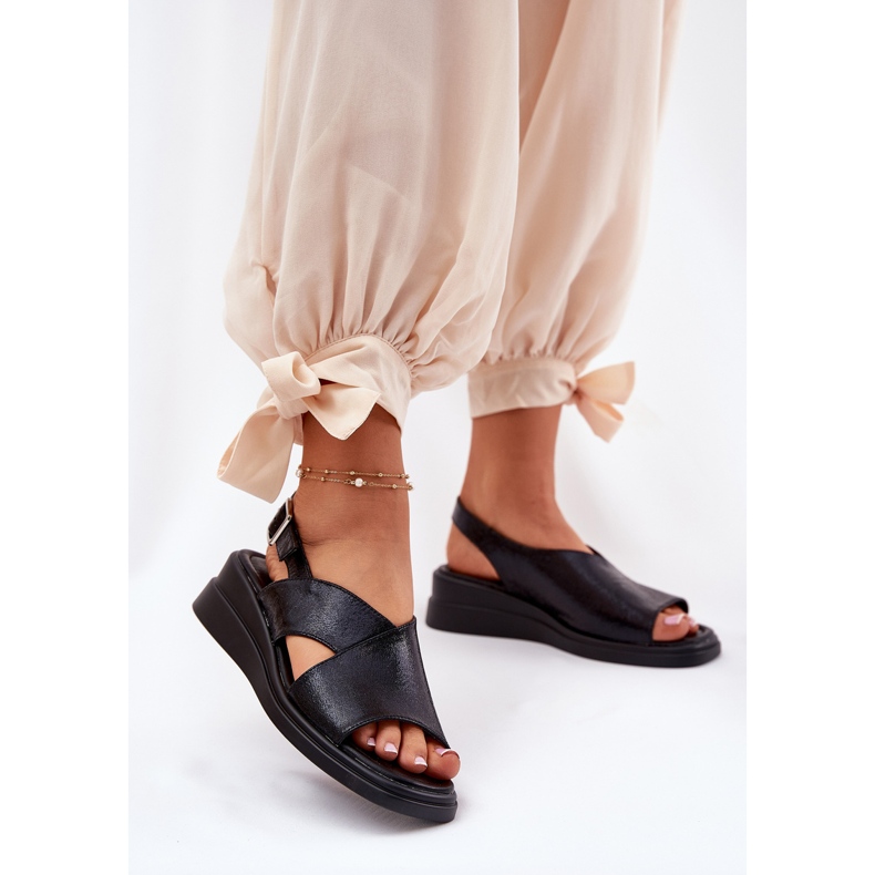 Jezzi Sandalias de mujer pintadas en cuña con cuero de cuero ecológico negro 2