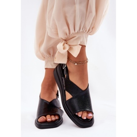 Jezzi Sandalias de mujer pintadas en cuña con cuero de cuero ecológico negro 3