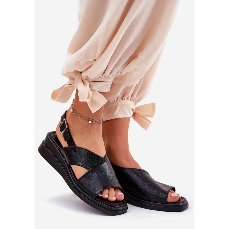 Jezzi Sandalias de mujer pintadas en cuña con cuero de cuero ecológico negro 1