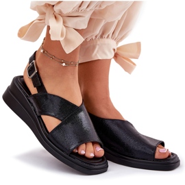 Jezzi Sandalias de mujer pintadas en cuña con cuero de cuero ecológico negro 8