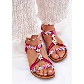 ARTIKER Sandalias de mujeres planas con rayas trenzadas y alfileres artesanales 56C1314 Fuksja rosado 3