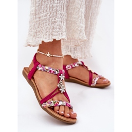 ARTIKER Sandalias de mujeres planas con rayas trenzadas y alfileres artesanales 56C1314 Fuksja rosa 2