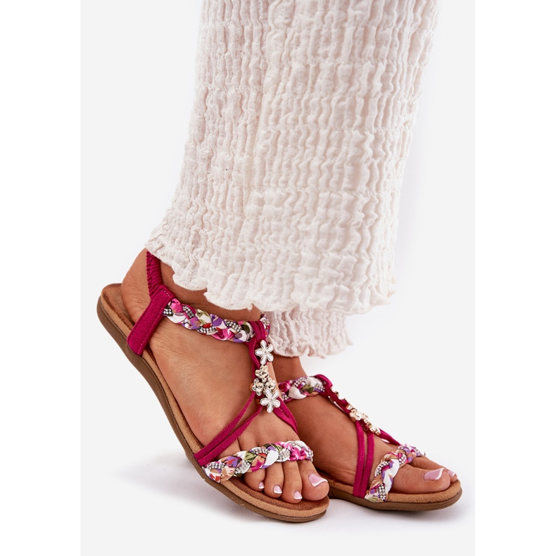 ARTIKER Sandalias de mujeres planas con rayas trenzadas y alfileres artesanales 56C1314 Fuksja rosa 1