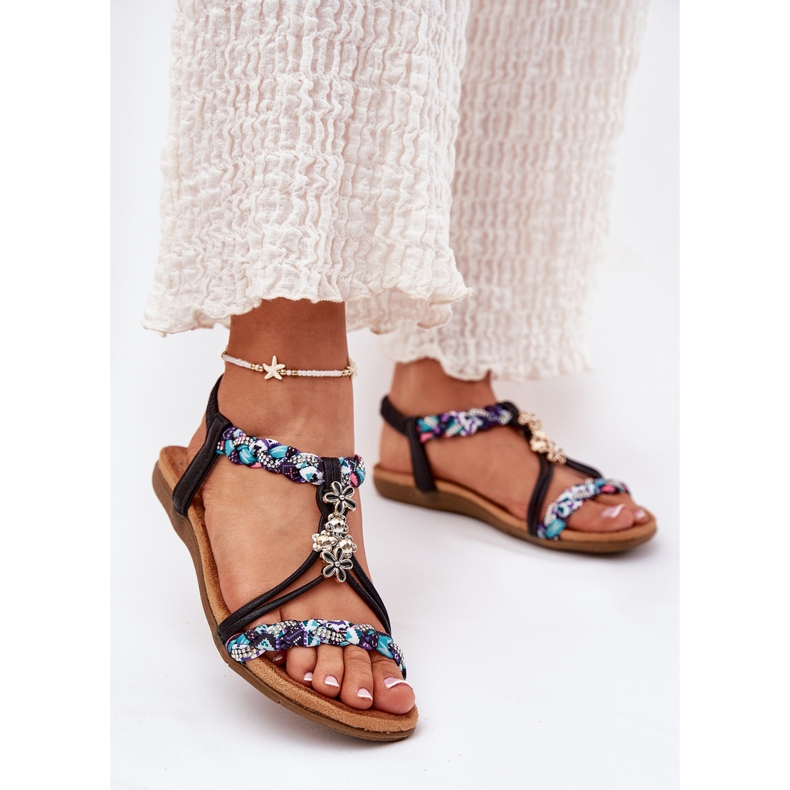 ARTIKER Sandalias de mujeres planas con rayas trenzadas y alfileres artesanales 54C1331 negro 2