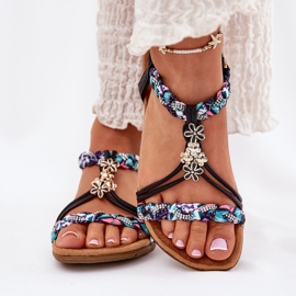 ARTIKER Sandalias de mujeres planas con rayas trenzadas y alfileres artesanales 54C1331 negro 3