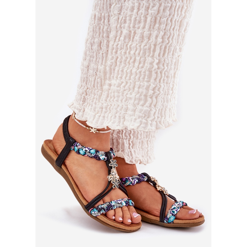 ARTIKER Sandalias de mujeres planas con rayas trenzadas y alfileres artesanales 54C1331 negro 1