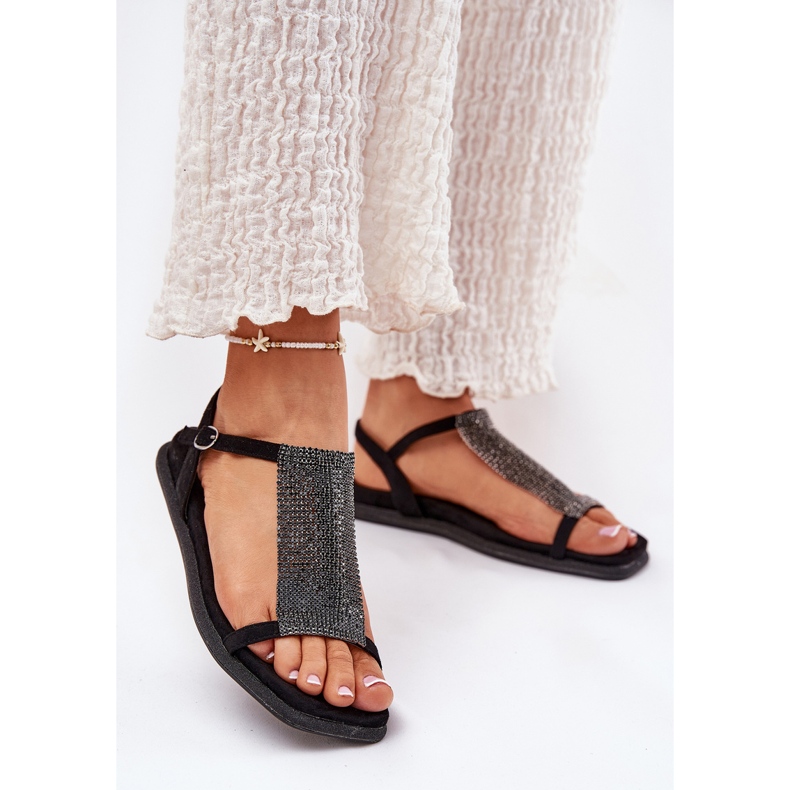 Sandalias de mujer planas y elegantes con Artiker 56C1370 Cristales Negro 2