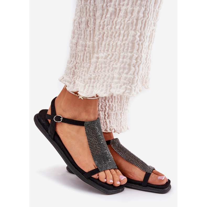 Sandalias de mujer planas y elegantes con Artiker 56C1370 Cristales Negro 1