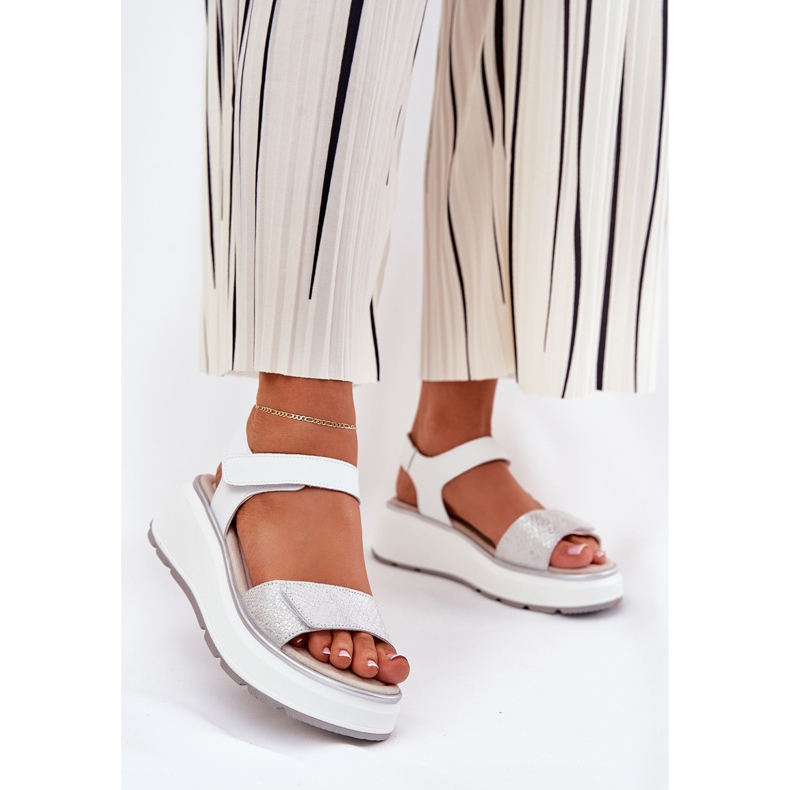 S.Barski Plataforma de sandalias de cuero para mujeres y cuñas de velcro S. Barski LR51-543 Plata 2