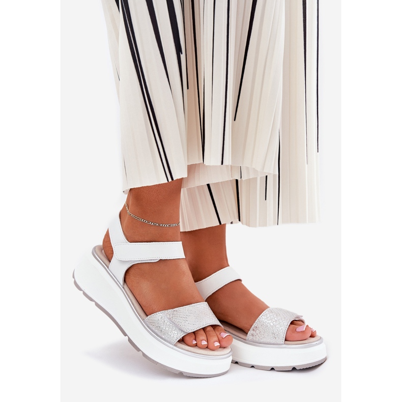 S.Barski Plataforma de sandalias de cuero para mujeres y cuñas de velcro S. Barski LR51-543 Plata 1