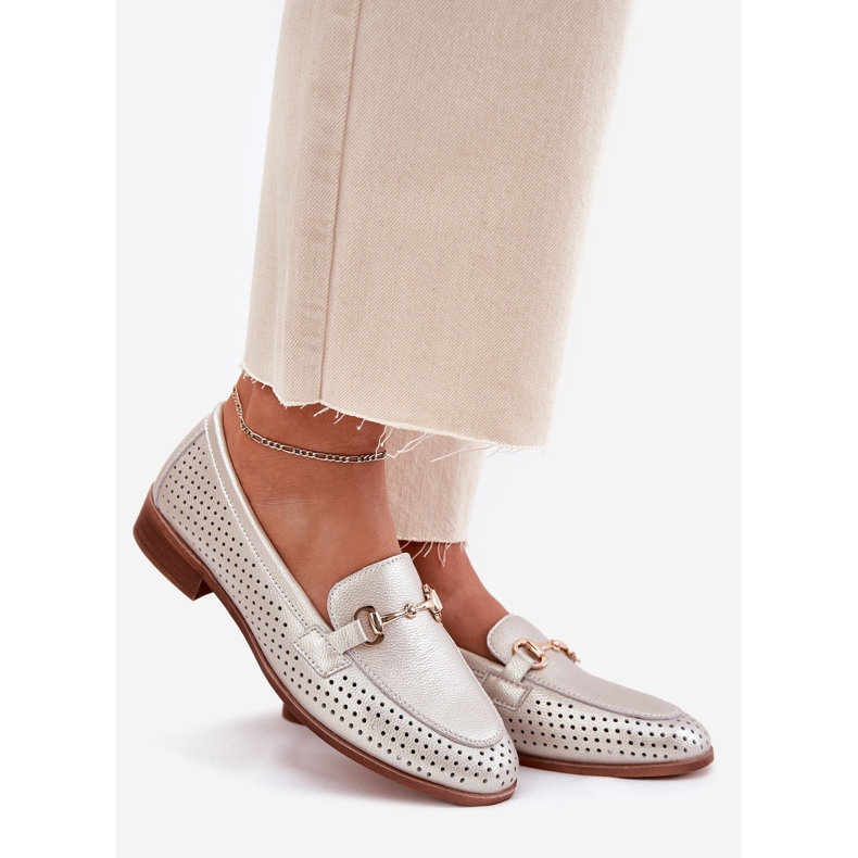 S.Barski Mocasines de cuero para mujeres con adorno de tacón plano S. Barski LR51-594 Plata 1