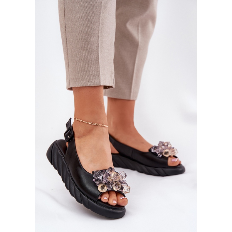 Sandalias de cuero para mujeres con Artiker 54C1628 Cristales Negro 2